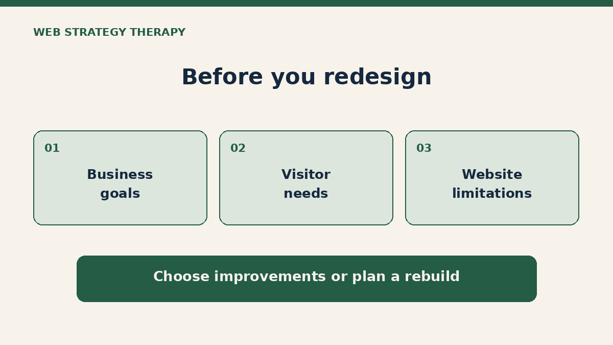 A planning diagram showing business goals, visitor needs, and website limitations informing whether to improve a website or plan a rebuild.